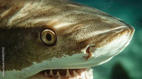 Fototapeta Intricate detail of a shark's eye and snout, showcasing its sharp teeth and textured skin.