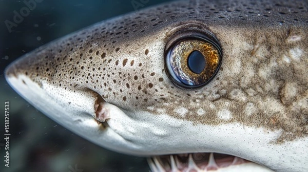 Fototapeta A striking close-up of a shark's eye and face, revealing its sharp teeth and textured skin.