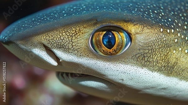 Fototapeta Intriguing close-up of a shark's eye, revealing intricate details and textures in its skin.