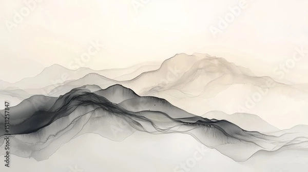 Fototapeta Minimalist mountain landscape with gray and black alcohol ink on white background, elegant ink wash style with soft edges and fluid organic shapes