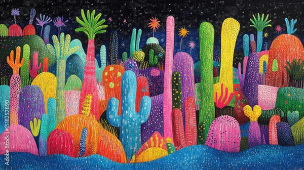Fototapeta This vibrant abstract illustration showcases a colorful desert landscape at night with unique cacti and plants, creating an enchanting and playful atmosphere