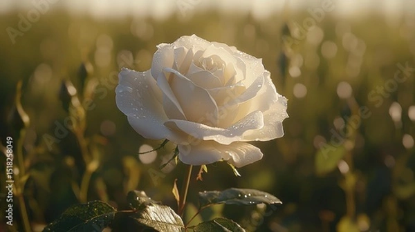 Fototapeta A stunning close-up of a white rose, adorned with water drops, in soft morning light.