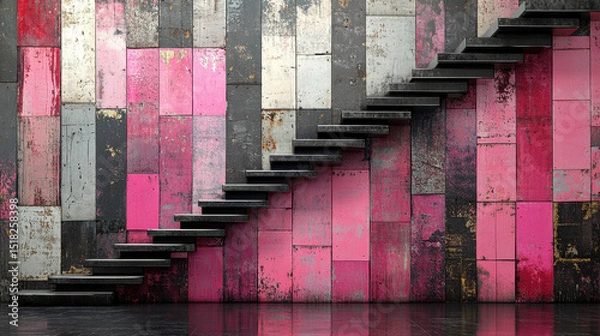 Fototapeta Vibrant abstract staircase against a colorful brick wall, showcasing modern design elements. Perfect for interior and architectural projects