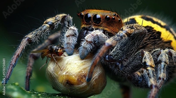 Fototapeta A close-up captures a detailed jumping spider holding its prey, showcasing nature's beauty.