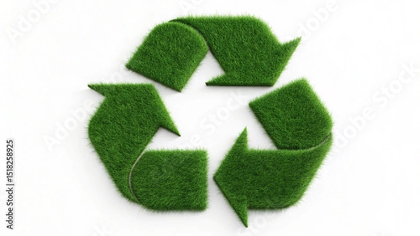 Fototapeta Realistic 3D rendering of the recycling symbol with a natural green, grassy surface, on clear background.