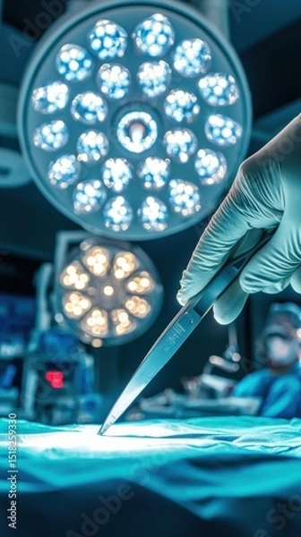Fototapeta Close up of a surgeon's hand holding a scalpel during a surgical procedure in an or.