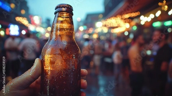 Fototapeta A hand holding a cold beer bottle, enjoying a night out in a lively outdoor bar setting.
