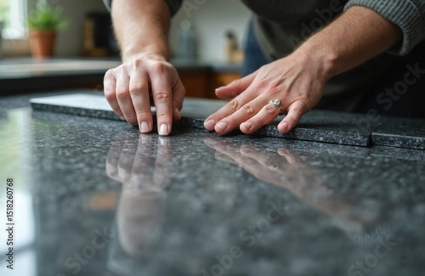 Obraz Hands measuring granite countertop, kitchen renovation. Precise measurement, professional craftsman work, detailed installation, home improvement project. Man hands working with granite.