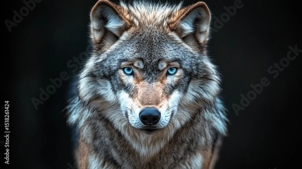 Fototapeta A captivating portrait of a majestic wolf, its piercing blue eyes locked on the viewer.