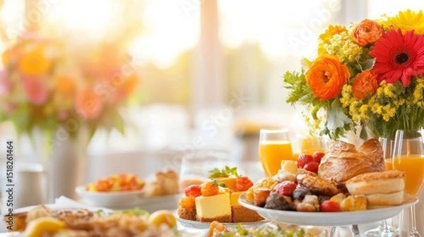 Fototapeta Breakfast Feast: A delightful table laden with an assortment of delicious breakfast treats, featuring vibrant flowers and refreshing orange juice, creating an inviting atmosphere.