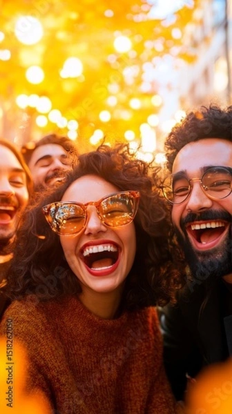 Fototapeta Joyful Gathering under Golden Foliage: A group of smiling friends gathers, illuminated by the warm embrace of golden autumn leaves, capturing a moment of pure, unadulterated happiness. 