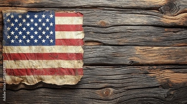 Fototapeta Vintage american flag on aged wood creating a nostalgic patriotic composition and aesthetic.