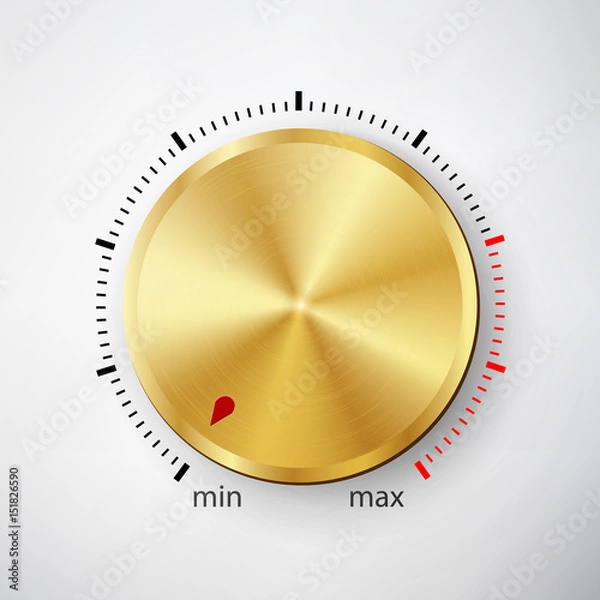 Obraz Dial Knob. Global Swatches. Realistic Gold Button With Circular Processing. Technology Button Template. Volume Knob. Metal Texture For Web, Interfaces, UI, Applications, Apps. Vector Illustration.