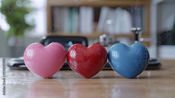 Obraz Three hearts of different colors on a wooden surface.