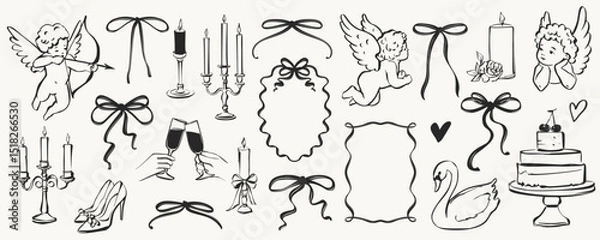 Fototapeta Coquette Wedding Doodle Set in Whimsical Vintage Style. Includes Cakes, Bows and Frames for Romantic Designs
