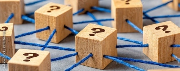 Obraz Wooden blocks with question marks are connected by blue strings, symbolizing complex networks and problem-solving.