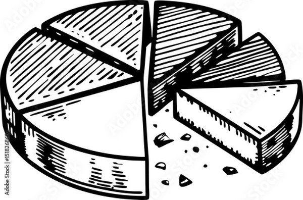 Obraz Hand drawn pie chart illustration sliced circular graph with separated piece, crumbs, vintage engraving design