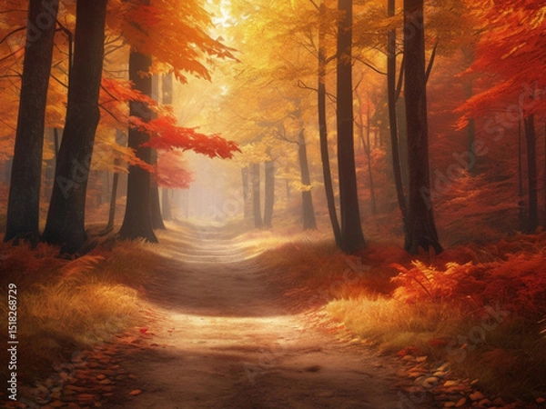 Fototapeta autumn in the forest, fall background with a forest path blanketed and sunlight filtering through the trees 