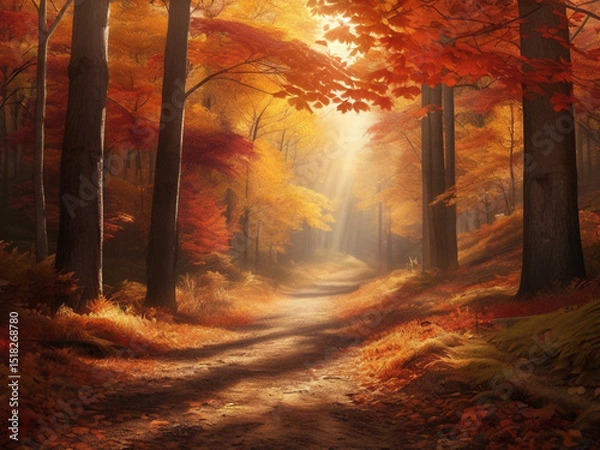 Fototapeta autumn forest in the morning, fall background with a forest path blanketed