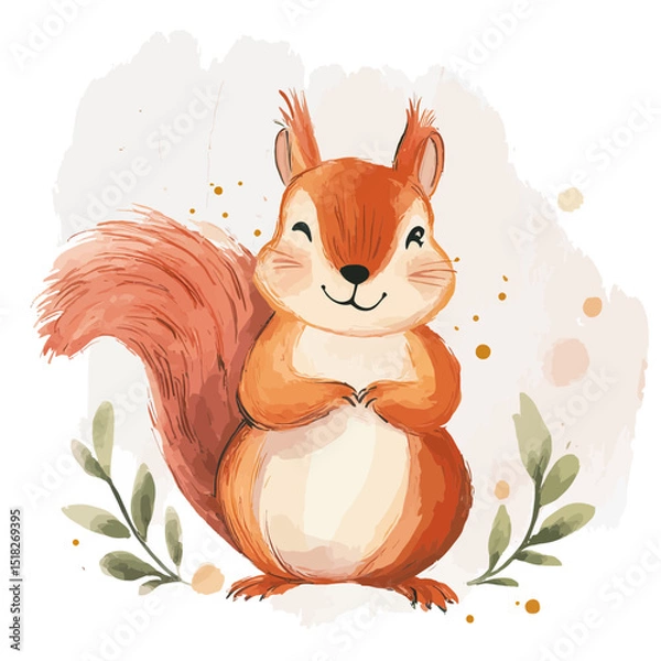 Obraz Cute smiling red squirrel with fluffy tail holding paws with watercolor texture and green leaves decorative nature background illustration vector