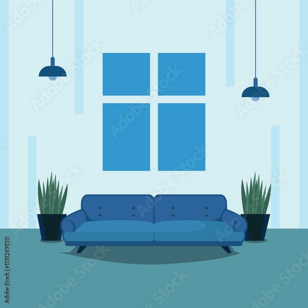 Obraz living room vector illustration template graphic design . furniture 2d simple cartoon interior with sofa window and plant's pot for apartment concept on backgrounds