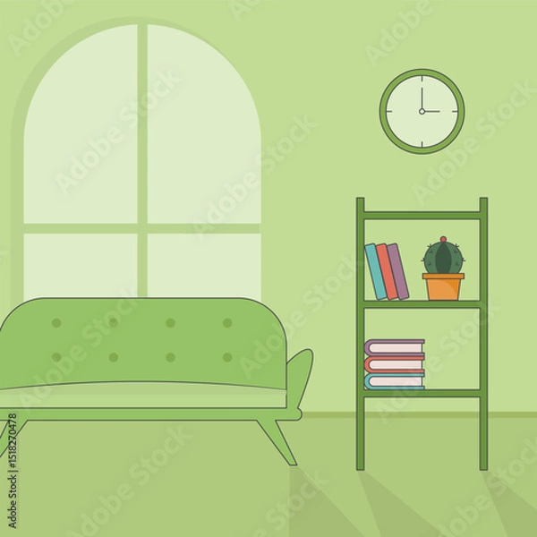 Obraz living room vector illustration template graphic design . furniture 2d simple cartoon interior with sofa , bookcase and window for apartment concept on backgrounds in flat style