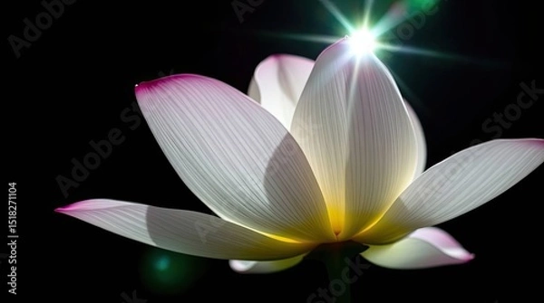 Fototapeta Close-up of a white lotus flower with pink edges and a bright light