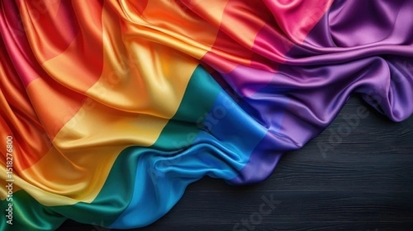 Fototapeta Beautiful pride flag crafted from lustrous satin, draped artistically against a dark wood background.