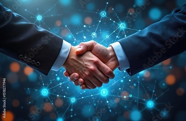 Fototapeta Two business partners shake hands. Agreement deal, teamwork concept, digital network graphic, AI, tech. Successful corporate meeting. Partnership, collaboration, innovation, digital world, modern