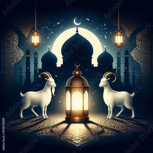 Fototapeta Eid al-Adha Celebration with Goats and Mosque