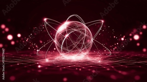Obraz Abstract Digital Atom on Neon Grid Background
