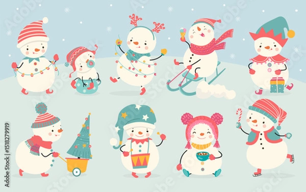 Fototapeta Funny snowman. Joyful snowmen sledding and skating, holding gifts and garlands. Winter mascots prepare to christmas and new year, nowaday vector set