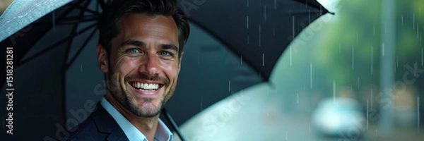 Fototapeta Handsome Man Smiling in the Rain holding an umbrella while enjoying the rainy atmosphere