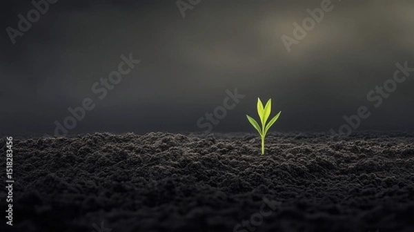 Obraz Lone Green Plant Sprouting in Dark Soil