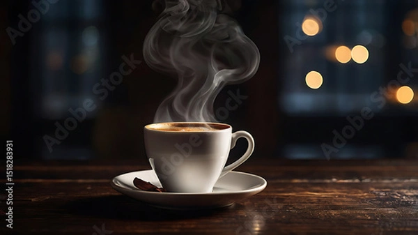 Fototapeta A steaming cup of coffee placed on a dark wooden table, with soft steam rising. The background is dark with a subtle bokeh effect. Warm, focused lighting highlights the coffee cup, creating a cozy and