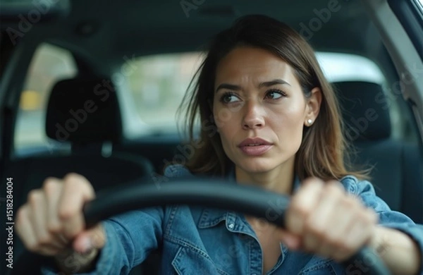 Fototapeta Woman drives car with difficulty due to poor vision, squinting eyes. Driver struggles with visibility, potential issues. Traffic, road safety, eyesight problems. Driving stress.