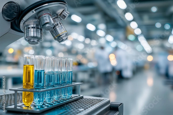 Fototapeta Test tubes containing vibrant blue and green liquids are arranged on a rack in a laboratory, with a microscope and researchers working in the background, showcasing scientific research