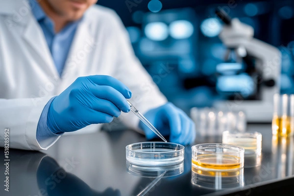 Fototapeta Scientist in laboratory coat using pipette to transfer liquid into petri dish, surrounded by various samples, showcasing meticulous research and experimentation in a modern lab environment