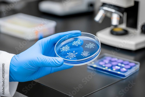 Fototapeta Scientist in laboratory coat using pipette to transfer liquid into petri dish, surrounded by various samples, showcasing meticulous research and experimentation in a modern lab environment