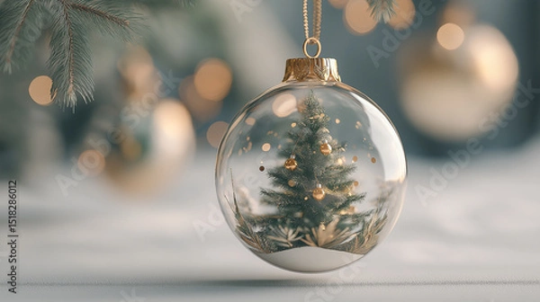 Fototapeta Snow globe featuring a beautifully decorated Christmas tree with warm lights, surrounded by festive decorations and gifts, creating a cozy holiday atmosphere in a charming setting