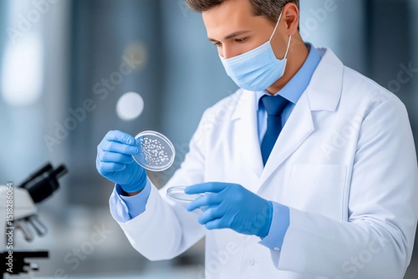 Fototapeta Scientist in laboratory coat using pipette to transfer liquid into petri dish, surrounded by various samples, showcasing meticulous research and experimentation in a modern lab environment