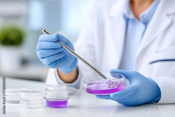 Fototapeta Scientist in laboratory coat using pipette to transfer liquid into petri dish, surrounded by various samples, showcasing meticulous research and experimentation in a modern lab environment