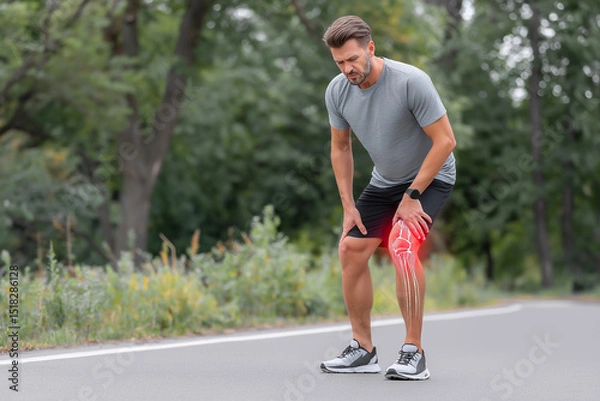 Fototapeta Athletic man is experiencing knee pain while exercising outdoors, demonstrating the impact of sports injuries on physical activity and health awareness