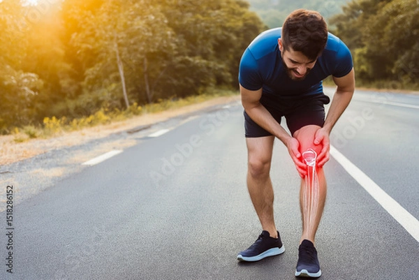 Fototapeta Athletic man is experiencing knee pain while exercising outdoors, demonstrating the impact of sports injuries on physical activity and health awareness