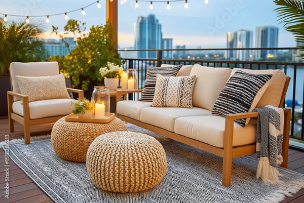 Fototapeta Cozy outdoor lounge area featuring stylish seating with cushions, decorative poufs, and ambient lighting, surrounded by greenery and modern architecture, perfect for relaxation and social gatherings