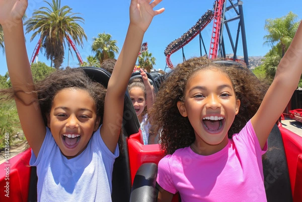 Fototapeta Young girl with raised fist, smiling joyfully while riding amusement park attraction with friends, colorful background featuring carnival rides and festive atmosphere