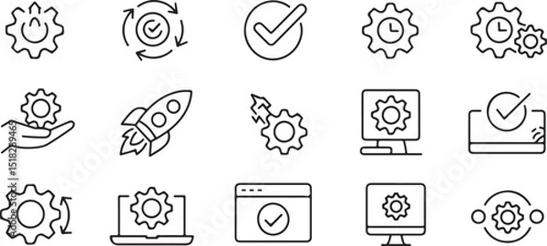 Fototapeta Collection of minimalist gear icons representing process optimization and technical solutions