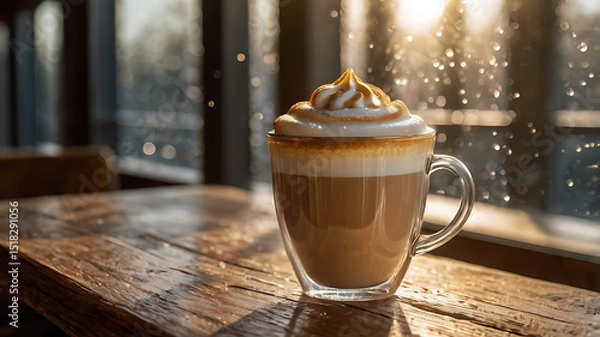 Fototapeta A hot latte with beautiful latte art, placed on a natural wooden table. Behind it is a foggy glass window with droplets of condensation. Soft morning sunlight streams in, creating a warm and relaxing 