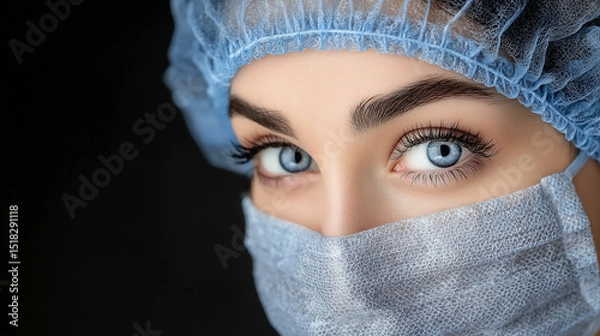 Obraz A focused medical professional in surgical mask, eyes intense with determination -- dedication in healthcare.