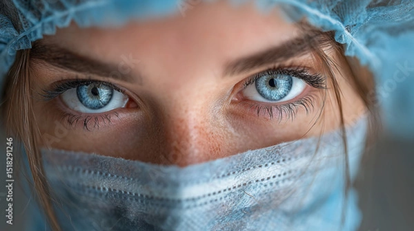 Obraz A focused medical professional in surgical mask, eyes intense with determination -- dedication in healthcare.